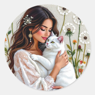 Vrouw en witte kat en paardenbloemen ronde sticker