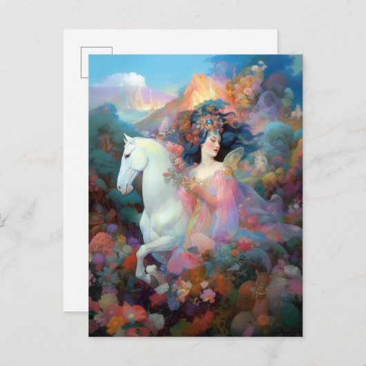 Vrouw en Witte Paarden Fantasy Art Briefkaart (Voorkant / Achterkant)
