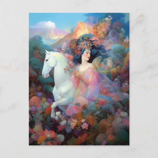 Vrouw en Witte Paarden Fantasy Art Briefkaart (Voorkant)