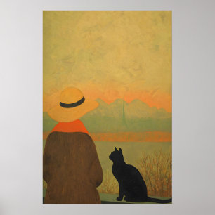 Vrouw en zwarte kat Giclée print serene minimalist