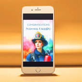 Vrouw feliciteert brandweerman kaart