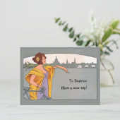 Vrouw fietsenrijder: aankondiging fietsenreis (Staand voorkant)