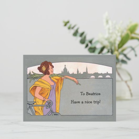 Vrouw fietsenrijder: aankondiging fietsenreis (Staand voorkant)