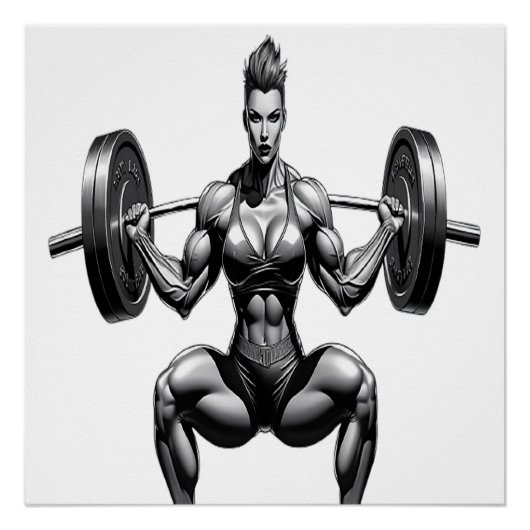 Vrouw Fitness Icon – Voorkant Uitzicht Barbell Squ Perfect Poster (Voorkant)