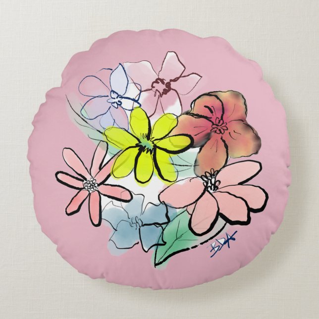 Vrouw:  Floral Bouquet Rond Kussen (Voorkant)