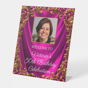 Vrouw Fuchsia Goud Foto Verjaardag Welkom Tafel Reclamebord Met Voetstuk