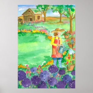 Vrouw Gardening Allium Waterverf Flowers Poster