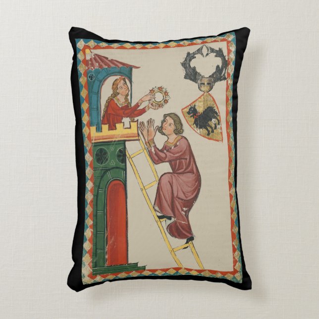 Vrouw geeft geschenk aan vrijer, 14e eeuw accent kussen (Voorkant(Verticaal))