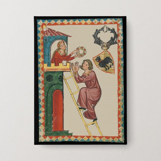 Vrouw geeft geschenk aan vrijer, 14e eeuw button (Voorkant)