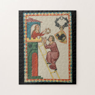 Vrouw geeft geschenk aan vrijer, 14e eeuw legpuzzel