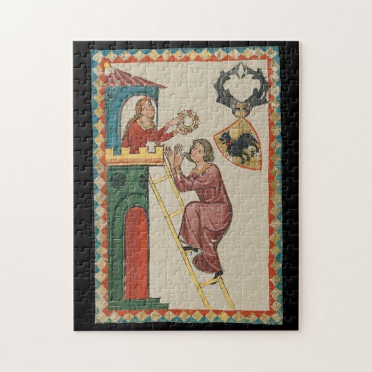 Vrouw geeft geschenk aan vrijer, 14e eeuw legpuzzel (Verticaal)