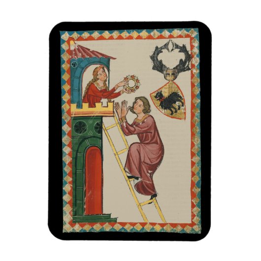 Vrouw geeft geschenk aan vrijer, 14e eeuw magneet (Verticaal)
