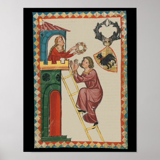 Vrouw geeft geschenk aan vrijer, 14e eeuw poster (Voorkant)