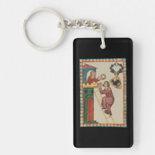Vrouw geeft geschenk aan vrijer, 14e eeuw sleutelhanger