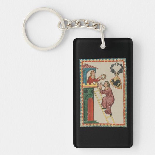Vrouw geeft geschenk aan vrijer, 14e eeuw sleutelhanger (Voorkant)