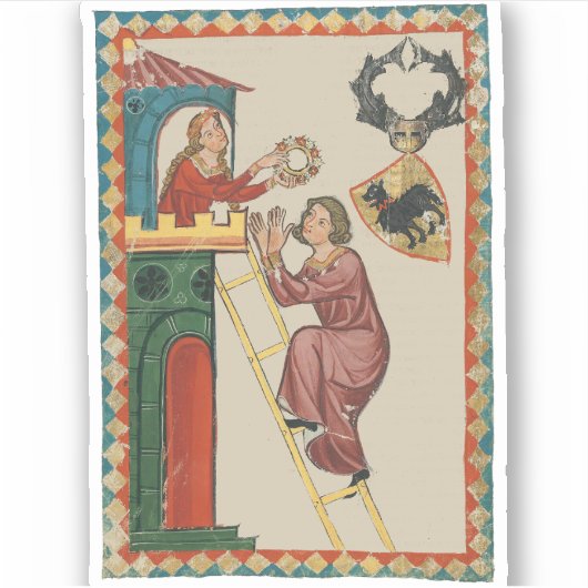 Vrouw geeft geschenk aan vrijer, 14e eeuw sticker (Voorkant)