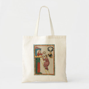 Vrouw geeft geschenk aan vrijer, 14e eeuw tote bag