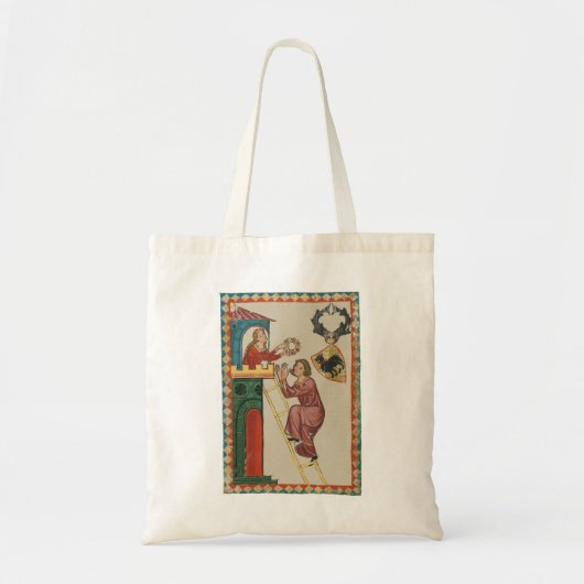 Vrouw geeft geschenk aan vrijer, 14e eeuw tote bag (Voorkant)