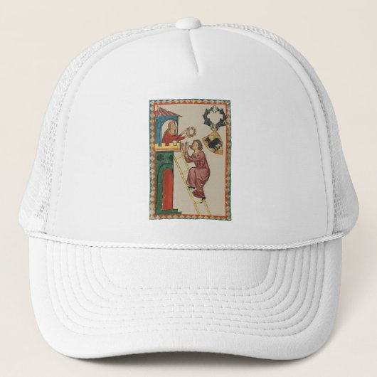 Vrouw geeft geschenk aan vrijer, 14e eeuw trucker pet (Voorkant)