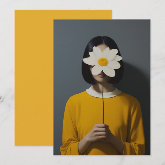 Vrouw Gele Jurk Witte Bloem Kaart (Voorkant / Achterkant)