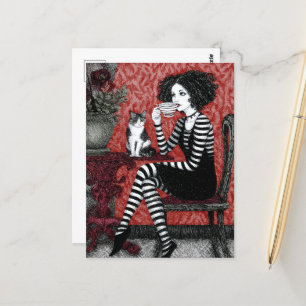 Vrouw geniet van koffie met kat briefkaart