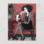 Vrouw geniet van koffie met kat briefkaart (Voorkant)