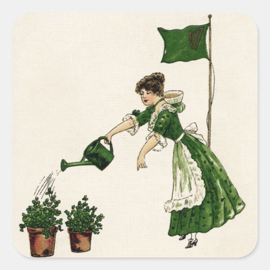 Vrouw & Gepotte Shamrocks  St. Patrick's Day Vierkante Sticker (Voorkant)