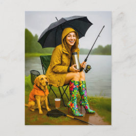 Vrouw Gevist in regenjas en stijlvolle laarzen Feestdagenkaart