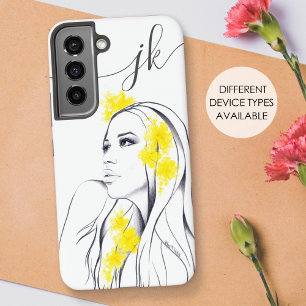 Vrouw Gezicht Gele Bloemen Mode Elegant Monogram Samsung Galaxy Hoesje