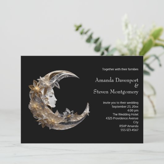Vrouw Gezicht in de Maan Bruiloft Kaart (Staand voorkant)