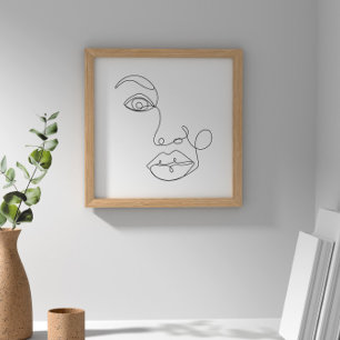 Vrouw Gezicht Lijn Kunst Zwart-Wit Poster