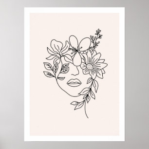 Vrouw gezicht met bloemen Lijn Kunst Afdrukken Poster