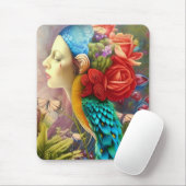 Vrouw gezicht met floral n peace-ock veren muismat (Met muis)