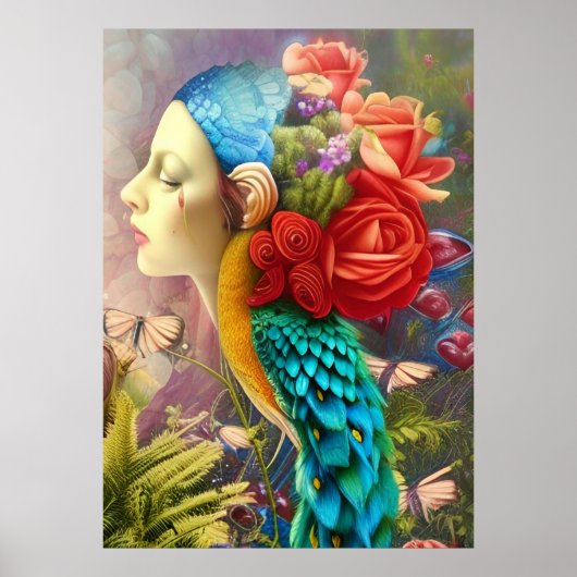 Vrouw gezicht met floral n peace-ock veren poster (Voorkant)