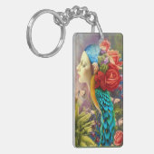 Vrouw gezicht met floral n peace-ock veren sleutelhanger (Voorkant Links)