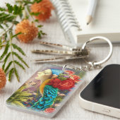 Vrouw gezicht met floral n peace-ock veren sleutelhanger (Voorkant Rechts)