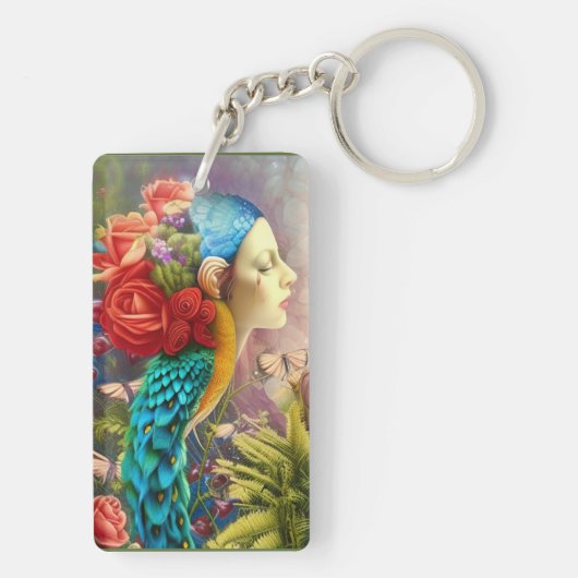 Vrouw gezicht met floral n peace-ock veren sleutelhanger (achterkant)