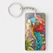 Vrouw gezicht met floral n peace-ock veren sleutelhanger (Voorkant)