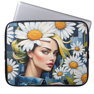 Vrouw gezicht met madeliefjes en denim patchwork laptop sleeve