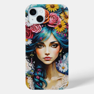 Vrouw Gezicht met Rozen en Daisies waterverf iPhone 15 Mini Hoesje