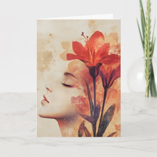 Vrouw gezicht rode bloemen feestdagen kaart (Voorkant)