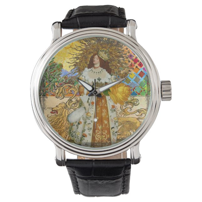  vrouw Golden Sun: Leo Zodiac Collage Art Horloge (Voorkant)