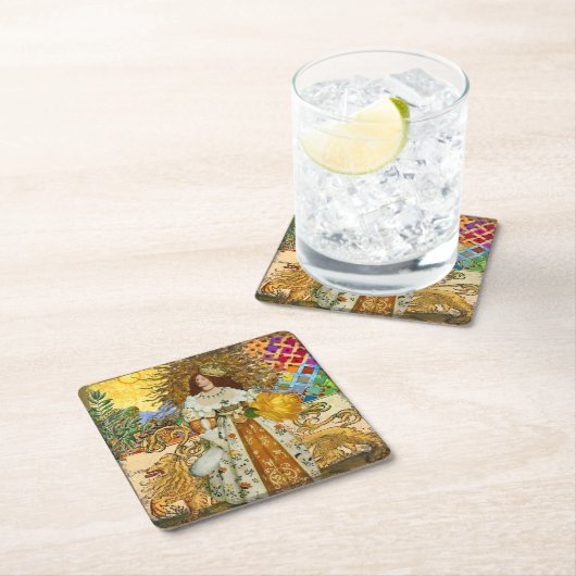  vrouw Golden Sun: Leo Zodiac Collage Art Kartonnen Onderzetters (Insitu)