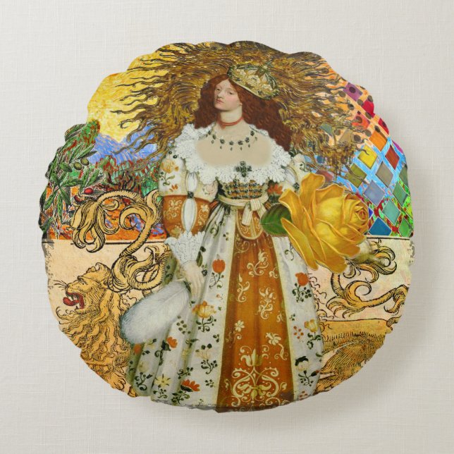  vrouw Golden Sun: Leo Zodiac Collage Art Rond Kussen (Voorkant)