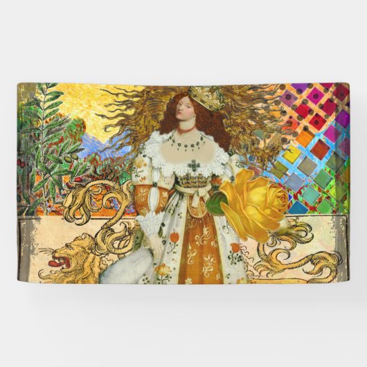 vrouw Golden Sun: Leo Zodiac Collage Art Spandoek (Horizontaal)