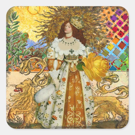  vrouw Golden Sun: Leo Zodiac Collage Art Vierkante Sticker (Voorkant)