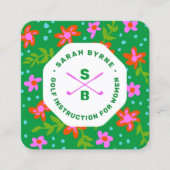 Vrouw Golf Instructor Golf Pro Floral Monogram Sq Vierkante Visitekaartje (Voorkant)