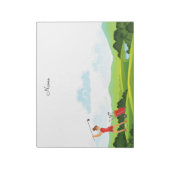 Vrouw golfer in de rode golf op groen notitieblok (Linkerzijde)