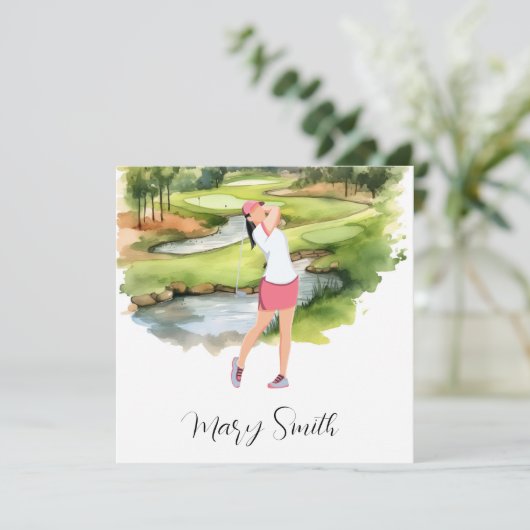 Vrouw Golfer is golfen op golfbaan waterverf Feestdagenkaart (Staand voorkant)