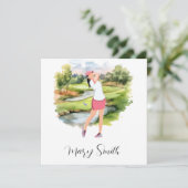 Vrouw Golfer is golfen op golfbaan waterverf Feestdagenkaart (Staand voorkant)